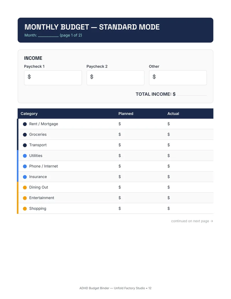 Preview of the Monthly Budget Template + Bill Tracker printable